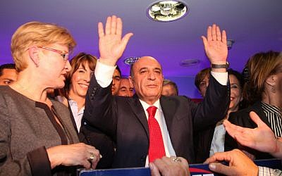 Shaul Mofaz waves to Kadima supporters after they elected him the party's new chairman last month. (photo credit: Roni Schutzer/Flash90)