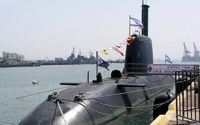 An Israeli Dolphin class submarine at port. (photo credit: CC BY shlomiliss, Wikimedia)