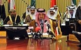 Saudi Foreign Minister Prince Saud al-Faisal at a Gulf Cooperation Council meeting in Riyadh in 2012 (photo credit: AP/Saudi Press Agency)