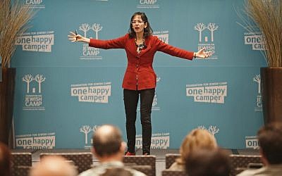 Lenore Skenazy, addressing the Foundation for Jewish Camp’s recent Leaders Assembly, argues that summer camp is an antidote to helicopter parenting. (photo credit: Foundation for Jewish Camp/JTA)