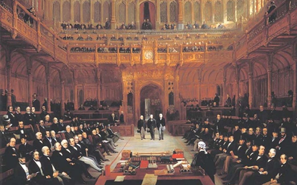 Lionel Nathan de Rothschild (1808–1879) introduced in the House of Commons on 26 July 1858 by Lord John Russell and Mr. Abel Smith. (photo credit: painter Henry Barraud (1811–1874), public domain, wikipedia)