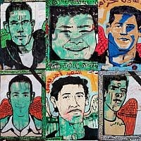 A combo image made from ten photos shows graffiti paintings depicting slain soccer fans that are part of a campaign carried out by activists following a soccer riot earlier this year with dozens of deaths. (photo credit: AP/Nasser Nasser)