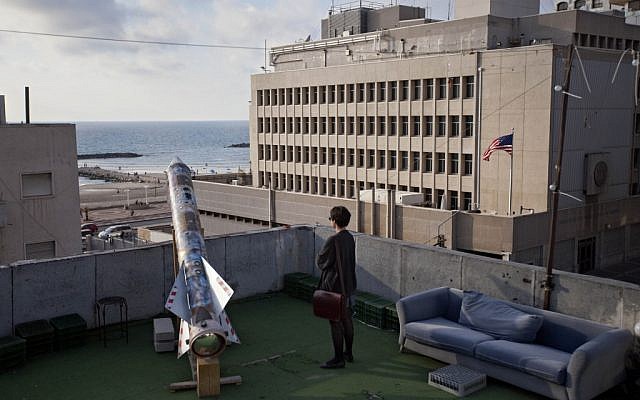 A model of a rocket is displayed on a roof next to the US embassy as part of an art exhibition called "Iran" at a gallery in Tel Aviv. (photo credit: AP) A model of a rocket is displayed on a roof next to the US embassy as part of an art exhibition called "Iran" at a gallery in Tel Aviv. (photo credit: AP)