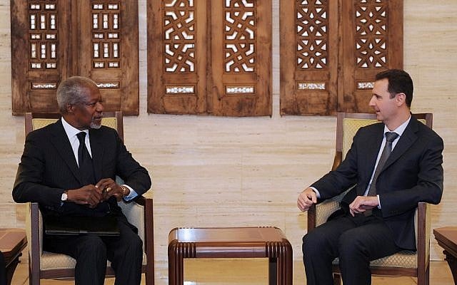 Syrian President Bashar Assad, right, meets with Kofi Annan, the United Nations special envoy to Syria, in Damascus on Saturday March 10. (photo credit: AP/Sana) Syrian President Bashar Assad, right, meets with Kofi Annan, the United Nations special envoy to Syria, in Damascus on Saturday March 10. (photo credit: AP/Sana)