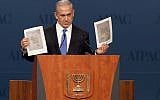Prime Minister Benjamin Netanyahu: a modern-day Mordecai warning Obama of treachery? (photo credit: Robert J. Saferstein/JTA)
