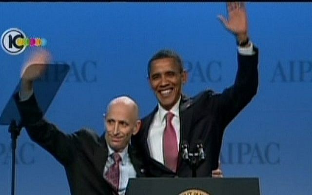 Image capture of US President Barack Obama embracing AIPAC chairman Lee Rosenberg(photo credit: Channel 10) Image capture of US President Barack Obama embracing AIPAC chairman Lee Rosenberg(photo credit: Channel 10)