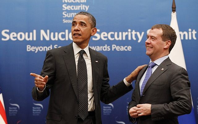 US President Barack Obama and Russian President Dmitry Medvedev after their bilateral meeting at the Nuclear Security Summit in Seoul. (photo credit: AP/Pablo Martinez Monsivais)