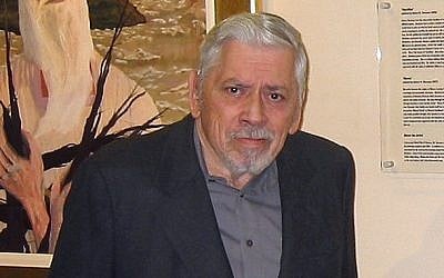 Robert B. Sherman at the Western Marble Arch Synagogue in London in 2004, dedicating his painting 'Sacrifice'. (photo credit: courtesy)