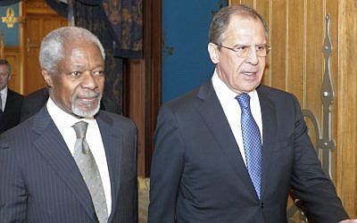 Kofi Annan (left) and Sergei Lavrov in Moscow Sunday (photo credit: AP) Kofi Annan (left) and Sergei Lavrov in Moscow Sunday (photo credit: AP)