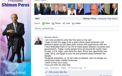 A screen capture of Shimon Peres's new Facebook page.