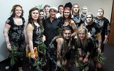 Shalom Indigenous students with Prof. Lisa Jackson Pulver at an art exhibit on indigenous cultures that benefits the scholarship fund. (Photo credit: Courtesy)