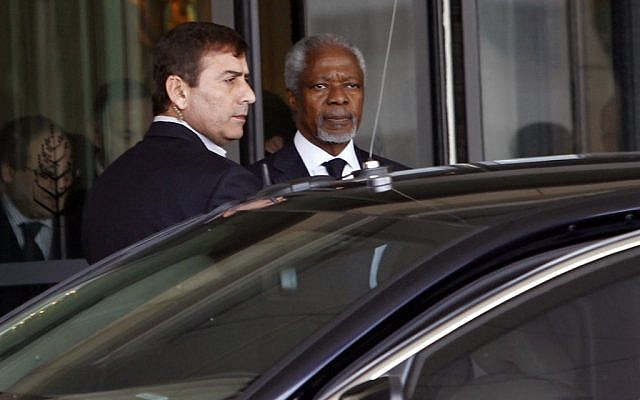 Kofi Annan, the United Nations special envoy to Syria, center, leaves the Four Seasons Hotel in Damascus, Syria on his way to the presidential palace for a meeting with Syrian President Bashar Assad (photo credit: AP/Bassem Tellawi) Kofi Annan, the United Nations special envoy to Syria, center, leaves the Four Seasons Hotel in Damascus, Syria on his way to the presidential palace for a meeting with Syrian President Bashar Assad (photo credit: AP/Bassem Tellawi)