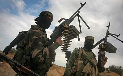 Illustrative photo of Palestinian terrorists training in the Gaza Strip (photo credit: Mohammed Othman/Flash90/File)