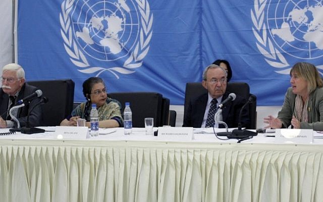Judge Richard Goldstone (second from right) and Christine Chinkin (right) at public hearings in 2009 about alleged Israeli violations committed during Operation Cast Lead. (UN/Flash 90) Judge Richard Goldstone (second from right) and Christine Chinkin (right) at public hearings in 2009 about alleged Israeli violations committed during Operation Cast Lead. (UN/Flash 90)