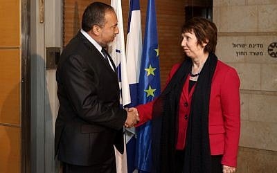 Foreign Minister Avigdor Lieberman meets with Catherine Ashton, High Representative for Foreign Affairs and Security Policy of the European Union, in Jerusalem in January (photo credit: Kobi Gideon/Flash90)