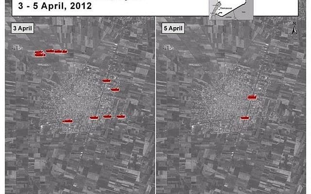 Satellite image showing troop deployment in Da'il, Syria on April 3 and April 5 (photo credit: US Embassy to Syria/Facebook)