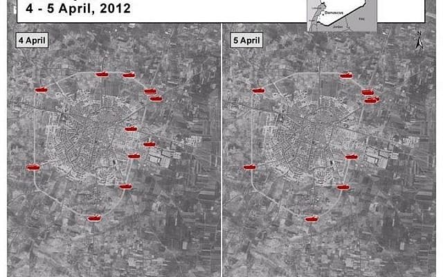 satellite image of Idlib, Syria showing armored vehicle deployment as photographed on April 4 and April 5 (photo credit: US Embassy to Syria/Facebook)