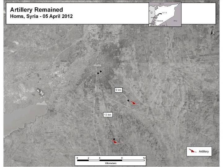 Satellite imagery showing artillery units in Homs, Syria (photo credit: US Embassy to Syria/Facebook)