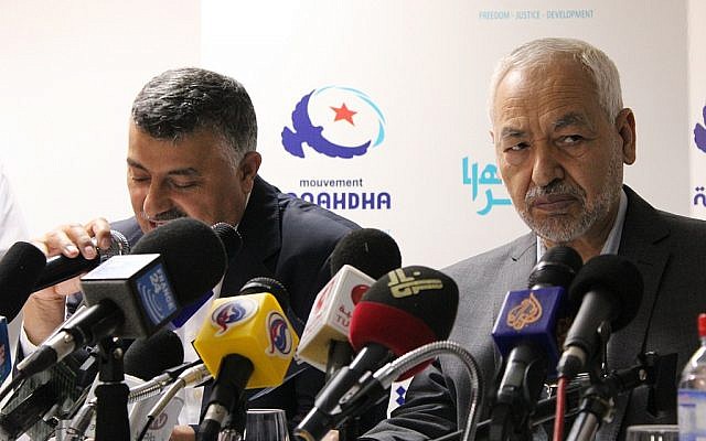 Rached Ghannouchi, leader of Tunisia's Islamist party that came to power in 2011, right (photo credit: CC-BY-SA Ennahda, Flickr)