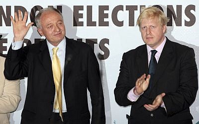In this May 3, 2008 file photo, outgoing mayor of London, the Labour Party candidate Ken Livingstone, left, waves after being defeated in the London mayoral elections by Conservative Party candidate Boris Johnson as the results are announced at City Hall in London. (AP Photo/Matt Dunham, File)