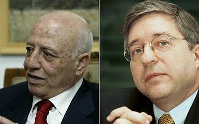 Ahmed Qureia, former Palestinian prime minister and Yossi Beilin, former Israeli justice minister (photo credit: Flash90)