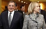 US Defense Secretary Leon Panetta and Secretary of State Hillary Rodham Clinton at NATO headquarters in April. (photo credit: Jacquelyn Martin/AP)