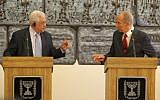 President Shimon Peres and Palestinian Authority head Mahmoud Abbas meeting in 2008 at the President's Residence in Jerusalem. (photo credit: Kobi Gideon/Flash 90)