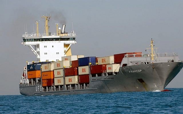 A cargo vessel, illustrative (photo credit: IDF/Flash90/File)