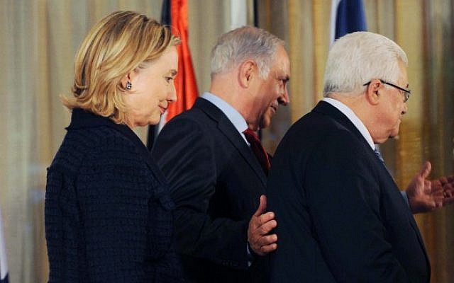 US Secretary of State Hillary Clinton, Prime Minister Benjamin Netanyahu and Palestinian President Mahmoud Abbas meet in Jerusalem in 2010 (photo credit: Avi Ohayon/GPO/Flash90) US Secretary of State Hillary Clinton, Prime Minister Benjamin Netanyahu and Palestinian President Mahmoud Abbas meet in Jerusalem in 2010 (photo credit: Avi Ohayon/GPO/Flash90)