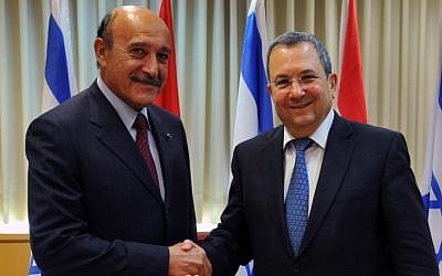 Omar Suleiman meets Israeli defense minister Ehud Barak in Tel Aviv (photo credit: Ariel Hermoni/FLASH90)