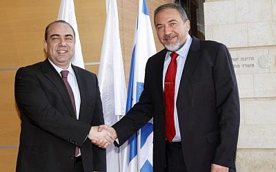 Foreign Minister Avigdor Lieberman meeting with Cypriot counterpart Markos Kyprianou in Jerusalem, March 2012 (photo credit: Miriam Alster/Flash90)