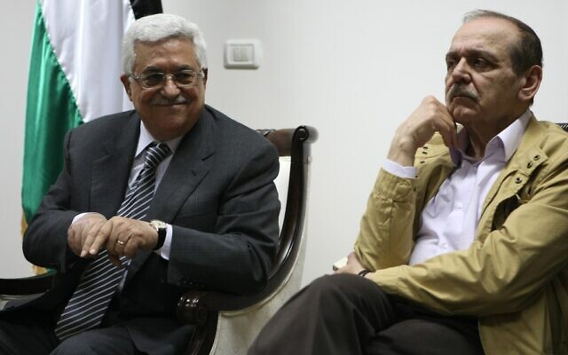 Mahmoud Abbas and Yasser Abed Rabbo in better days (photo credit: Kobi Gideon/Flash90)