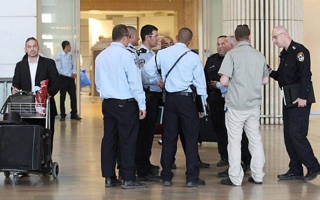 Illustrative: Police and Border Guard officers deployed at Ben Gurion International Airport before a 2011 fly-in protest (Meir Partush/Flash90) Illustrative: Police and Border Guard officers deployed at Ben Gurion International Airport before a 2011 fly-in protest (Meir Partush/Flash90)