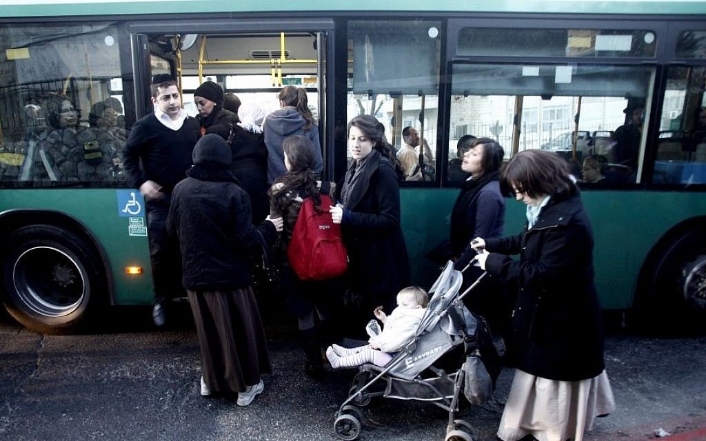 Illustrative photo of ultra-Orthodox women entering a bus through the back door in Mea Shearim, Jerusalem, in 2011 (Uri Lenz/Flash90/File) Illustrative photo of ultra-Orthodox women entering a bus through the back door in Mea Shearim, Jerusalem, in 2011 (Uri Lenz/Flash90/File)