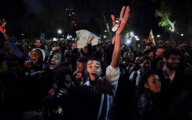 Hundreds Israeli Ethiopian demonstrators hold up banners and shout slogans as they demonstrate in Tel Aviv on January 25, 2012, against racism and discrimination. (photo credit: Dima Vazinovich/Flash90) Hundreds Israeli Ethiopian demonstrators hold up banners and shout slogans as they demonstrate in Tel Aviv on January 25, 2012, against racism and discrimination. (photo credit: Dima Vazinovich/Flash90)