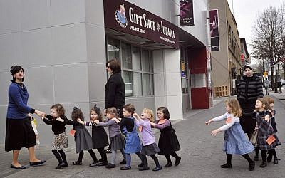 Young ultra-Orthodox Jewish schoolgirls in Crown Heights, Brooklyn, New York. (Serge Attal/Flash90)