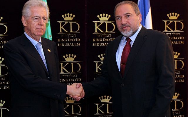Foreign Minister Avigdor Lieberman greets Italian Prime Minister Mario Monti in Jerusalem on Sunday (photo credit: Yossi Zamir/Flash90) Foreign Minister Avigdor Lieberman greets Italian Prime Minister Mario Monti in Jerusalem on Sunday (photo credit: Yossi Zamir/Flash90)