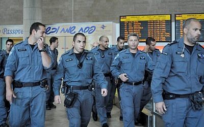 Israeli police wait inside the arrival hall of the Ben Gurion Airport, April 15, 2012 (photo credit: Yossi Zeliger/Flash90)