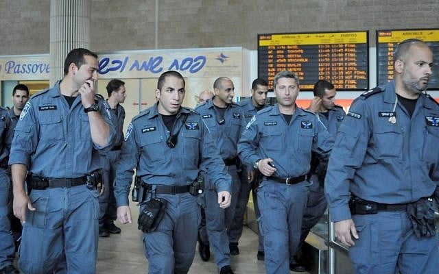 Israeli police wait inside the arrival hall of the Ben Gurion Airport, April 15, 2012 (photo credit: Yossi Zeliger/Flash90)