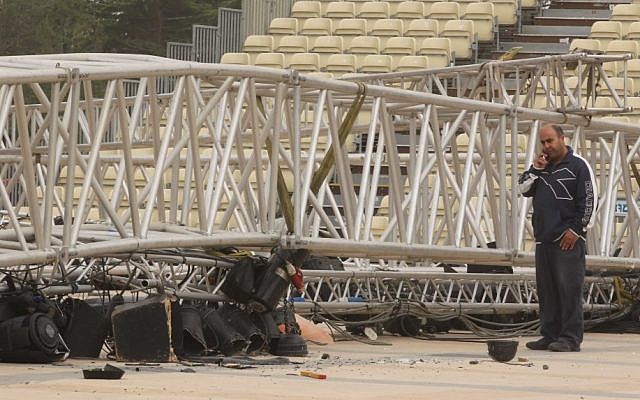 The collapsed lighting rig at Mount Herzl (photo credit: Nati Shohat/Flash90)