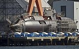 An Israeli Dolphin submarine at the shipyards in Kiel, northern Germany (AP/ Philipp Guelland)