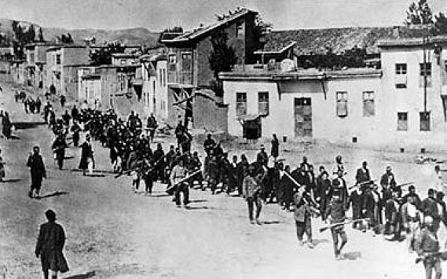 Armenians are marched to a nearby prison in Mezireh by armed Ottoman-Turkish soldiers, 1915. (photo credit: Artaxiad, Wikimedia Commons) Armenians are marched to a nearby prison in Mezireh by armed Ottoman-Turkish soldiers, 1915. (photo credit: Artaxiad, Wikimedia Commons)