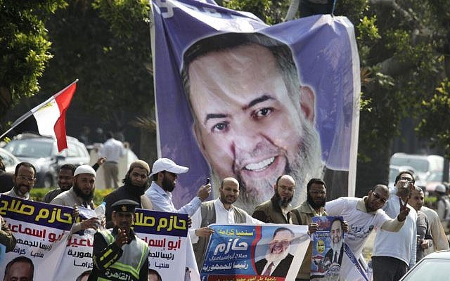 Supporters of Salafi presidential candidate Hazem Abu-Ismail in Cairo (photo credit: AP/Amr Nabil)