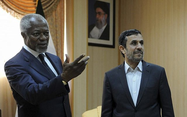 Kofi Annan meets Mahmoud Ahmadinejad in Iran Wednesday (photo credit: AP/ISNA/Hamid Foroutan)