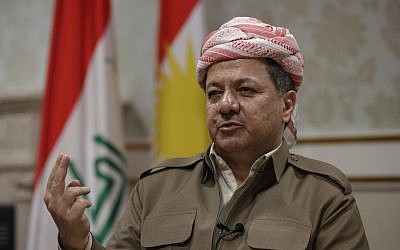 Kurdish president Massoud Barzani speaks during an interview with the Associated Press in Salah al-Din resort, north of Baghdad, Iraq, April 25, 2012. (photo credit: Khalid Mohammed/AP)