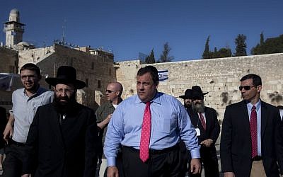 New Jersey Gov. Chris Christie (center) at the Western Wall in Jerusalem's Old City on Monday. (Sebastian Scheiner/AP))