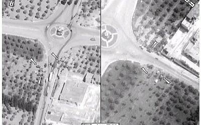 This satellite image posted on the US Embassy Damascus Facebook page Saturday, April 7, 2012, shows the presence of a military convoy in Zirdana, Syria on April 5, right, next to imagery of the same area on April 4, showing no military convoy. (photo credit: AP/US Embassy Damascus via Facebook) This satellite image posted on the US Embassy Damascus Facebook page Saturday, April 7, 2012, shows the presence of a military convoy in Zirdana, Syria on April 5, right, next to imagery of the same area on April 4, showing no military convoy. (photo credit: AP/US Embassy Damascus via Facebook)