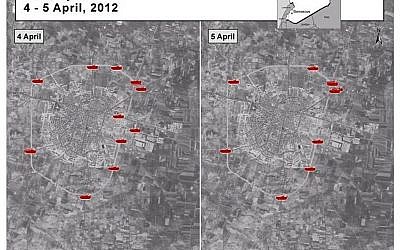 This satellite image from the US Embassy Damascus Facebook page Saturday, April 7, purports to show the presence of Syrian armoured vehicles in Idlib, Syria on April 5, right, next to imagery of the same area on April 4. (photo credit: AP/US Embassy Damascus via Facebook) This satellite image from the US Embassy Damascus Facebook page Saturday, April 7, purports to show the presence of Syrian armoured vehicles in Idlib, Syria on April 5, right, next to imagery of the same area on April 4. (photo credit: AP/US Embassy Damascus via Facebook)