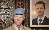 Norwegian General Robert Mood stands near a portrait of Bashar Assad in Damascus (photo credit: AP/Bassem Tellawi)
