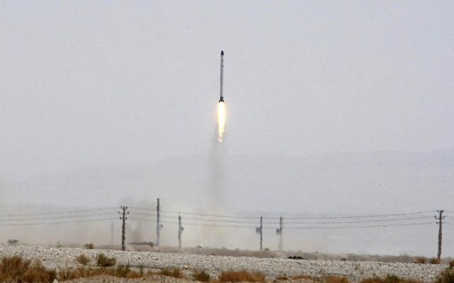 Illustrative: The launching of the Safir, or Ambassador, satellite carrier, which carries Iran's Rasad, or Observation, satellite into earth orbit, in an undisclosed location in 2011. (photo credit: AP/Iranian Defense Ministry, Vahid Reza Alaei) Illustrative: The launching of the Safir, or Ambassador, satellite carrier, which carries Iran's Rasad, or Observation, satellite into earth orbit, in an undisclosed location in 2011. (photo credit: AP/Iranian Defense Ministry, Vahid Reza Alaei)